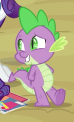 Size: 159x261 | Tagged: safe, screencap, rarity, spike, dragon, dragon dropped, g4, arm behind back, cropped, cute, feet, male, male feet, offscreen character, raised eyebrow, slit pupils, smiling, solo focus, spikabetes, underfoot, winged spike, wings