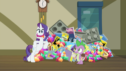 Size: 1905x1080 | Tagged: safe, screencap, gabby, rarity, spike, dragon, griffon, pony, unicorn, dragon dropped, g4, archie andrews, bipedal, bipedal leaning, clock, comic, comics, faic, female, gem, jughead, leaning, male, mare, post office, surprised, winged spike, wings