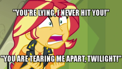Size: 640x360 | Tagged: safe, edit, edited screencap, screencap, sunset shimmer, equestria girls, equestria girls series, forgotten friendship, g4, caption, faic, geode of empathy, image macro, implied sci-twi, magical geodes, meme, text, the room, tommy wiseau