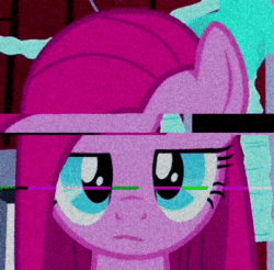 Size: 400x393 | Tagged: safe, edit, edited screencap, screencap, pinkie pie, earth pony, pony, g4, party of one, season 1, animated, error, female, glitch, looking at you, mare, noise, pinkamena diane pie, she knows, solo, the beginning