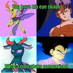 Size: 710x710 | Tagged: safe, artist:fanaticpanda, artist:toxiccaves, edit, pharynx, spike, thorax, changedling, changeling, dragon, g4, to change a changeling, antlers, dragon ball, dragon ball z, floppy ears, flying, king thorax, looking at you, looking back, looking back at you, male, meme, prince pharynx, purple background, simple background, trunks, underhoof, vegeta
