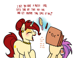 Size: 1110x850 | Tagged: safe, artist:paperbagpony, derpibooru exclusive, oc, oc:golden brooch, oc:paper bag, pony, blushing, brush, dialogue, fake cutie mark, jewelry, levitation, lipstick, magic, magic aura, maternal instinct, necklace, paper bag, pearl necklace, red lipstick, simple background, telekinesis, white background