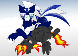 Size: 900x648 | Tagged: safe, artist:xniclord789x, oc, oc only, oc:cobalt flash, oc:midnight flare, alicorn, pegasus, pony, belly, clothes, freckles, glasses, hoof on belly, lying down, lying on a cloud, pregnant, shirt