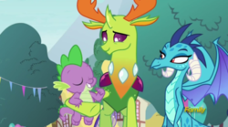 Size: 500x278 | Tagged: safe, screencap, princess ember, spike, thorax, changedling, changeling, dragon, g4, triple threat, cute, discovery family logo, eyes closed, female, hug, king thorax, male, smiling, spikelove, spread wings, wings