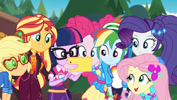Size: 1920x1080 | Tagged: safe, screencap, applejack, fluttershy, pinkie pie, rainbow dash, rarity, sci-twi, sunset shimmer, twilight sparkle, equestria girls, equestria girls series, festival filters, g4, spoiler:eqg series (season 2), applejack's festival hat, applejack's sunglasses, cellphone, cute, dashabetes, female, geode of empathy, geode of sugar bombs, geode of super speed, glasses, group shot, humane five, humane seven, humane six, jackabetes, magical geodes, outdoors, phone, raribetes, shimmerbetes, shyabetes, smartphone, smiling, sunglasses