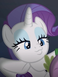 Size: 636x839 | Tagged: safe, screencap, rarity, spike, dragon, pony, dragon dropped, g4, cropped, female, lips, mare, solo focus, winged spike, wings