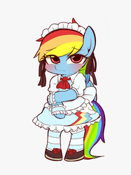 Size: 1024x1366 | Tagged: safe, artist:manachaaaaaaaa, rainbow dash, pegasus, pony, g4, blushing, clothes, cute, dashabetes, eye clipping through hair, female, maid, pixiv, rainbow maid, solo