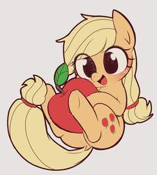 Size: 928x1030 | Tagged: safe, artist:manachaaaaaaaa, applejack, earth pony, pony, g4, apple, big eyes, blushing, chibi, cute, eye clipping through hair, female, food, full body, happy, jackabetes, mare, pixiv, simple background, smiling, solo, that pony sure does love apples, weapons-grade cute