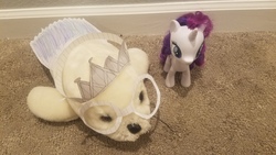 Size: 4032x2268 | Tagged: safe, rarity, pony, seal, unicorn, g4, clothes, crown, dress, glasses, jewelry, paper crown, paper dress, paper glasses, regalia