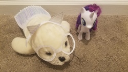 Size: 4032x2268 | Tagged: safe, rarity, pony, seal, unicorn, g4, clothes, dress, glasses, headband, jewelry, paper dress, paper glasses, paper headband, regalia