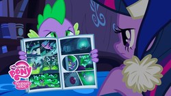 Size: 1280x720 | Tagged: safe, screencap, mane-iac, spike, twilight sparkle, alicorn, dragon, pony, g4, power ponies (episode), bed, book, comic, comic book, female, golden oaks library, hat, looking at each other, male, mare, my little pony logo, nightcap, sleepy, twilight sparkle (alicorn)