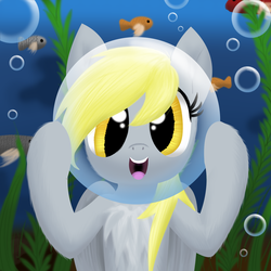 Size: 1500x1500 | Tagged: safe, artist:stellardust, derpibooru exclusive, derpy hooves, fish, pegasus, pony, g4, bubble, chest fluff, cute, derpabetes, female, happy, looking at you, mare, open mouth, seaweed, solo, underwater, water