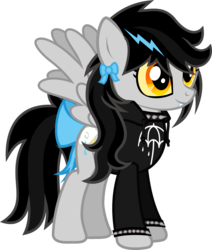 Size: 792x936 | Tagged: safe, artist:lightningbolt, derpibooru exclusive, oc, oc only, oc:lightning dee, pegasus, pony, g4, .svg available, bow, bring me the horizon, choker, clothes, colored sclera, fangs, female, hoodie, mare, show accurate, simple background, smiling, solo, spiked choker, spiked wristband, spread wings, standing, svg, tail bow, transparent background, vector, wings, wristband