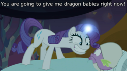 Size: 1920x1080 | Tagged: safe, edit, edited screencap, screencap, rarity, spike, dragon, pony, unicorn, dragon dropped, g4, caption, female, hat, image macro, imminent interspecies, imminent sex, implied shipping, implied sparity, implied straight, male, nightcap, spike's bed, spike's room, text, winged spike, wings