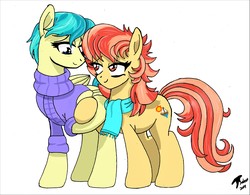 Size: 11176x8724 | Tagged: safe, artist:radiancebreaker, aunt holiday, auntie lofty, earth pony, pegasus, pony, g4, the last crusade, absurd resolution, clothes, female, holding hooves, lesbian, looking at each other, scarf, ship:lofty day, shipping, smiling, sweater