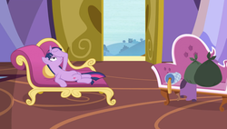 Size: 1896x1080 | Tagged: safe, screencap, twilight sparkle, alicorn, pony, dragon dropped, g4, bag, behaving like rarity, castle, couch, dramatic pose, fainting couch, female, lying down, mare, open door, pose, solo, twilight sparkle (alicorn), twilight sparkle is not amused, unamused
