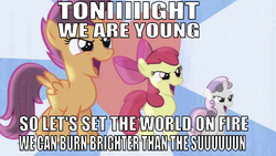 Size: 636x358 | Tagged: safe, edit, edited screencap, editor:undeadponysoldier, screencap, apple bloom, scootaloo, sweetie belle, pegasus, pony, unicorn, flight to the finish, g4, caption, cutie mark crusaders, female, filly, fun (band), heart, hearts as strong as horses, image macro, song reference, text, we are young