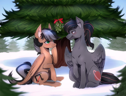 Size: 1100x843 | Tagged: safe, artist:renciel, oc, oc only, oc:antares, oc:artsong, pegasus, pony, imminent kissing, mistletoe, tree