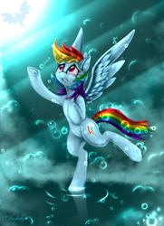 Size: 4550x6300 | Tagged: safe, artist:darksly, rainbow dash, pegasus, pony, g4, bubble, female, mare, sad, solo, standing, standing on one leg