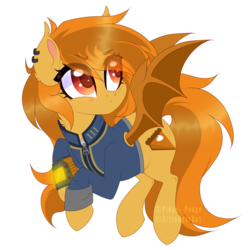 Size: 1024x1024 | Tagged: dead source, safe, artist:_spacemonkeyz_, oc, oc only, oc:pumpkin spice, bat pony, pony, bat pony oc, clothes, eye clipping through hair, female, jumpsuit, mare, pipbuck, simple background, solo, transparent background, vault suit