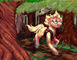 Size: 3500x2760 | Tagged: safe, artist:thewickedvix, oc, oc only, oc:applegeek, earth pony, pony, clothes, forest, glasses, hat, high res, male, paint tool sai, running, scenery, solo, stallion, trail, tree, watch