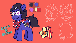 Size: 1920x1080 | Tagged: safe, artist:threetwotwo32232, oc, oc only, oc:eggs and bacon, earth pony, pony, clothes, female, mare, reference sheet, scarf, solo