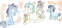 Size: 1590x715 | Tagged: safe, artist:ptitemouette, oc, oc:chocolate chip, oc:indiana golden, oc:one piece, oc:pirate bay, oc:treasure trove, earth pony, pegasus, pony, baby, baby pony, brothers, female, filly, male, oc x oc, parent:oc:apple tango, parent:oc:glory sentry, parent:oc:indiana golden, parent:oc:love moonlight, parent:oc:one piece, parent:oc:treasur island, parents:oc x oc, shipping, siblings, traditional art