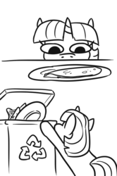 Size: 471x711 | Tagged: safe, artist:jargon scott, twilight sparkle, pony, unicorn, g4, 2 panel comic, black and white, comic, female, filly, filly twilight sparkle, food, grayscale, monochrome, plate, quesadilla, recycle bin, simple background, solo, they're just so cheesy, twiggie, unicorn twilight, white background, younger