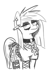 Size: 346x498 | Tagged: safe, artist:jargon scott, oc, oc only, oc:nada phase, earth pony, pony, ankh, boots, choker, clothes, ear piercing, earring, eyeshadow, female, fishnet stockings, goth, grayscale, jewelry, lidded eyes, looking at you, makeup, mare, monochrome, necklace, piercing, safety pin, shoes, simple background, smiling, solo, white background