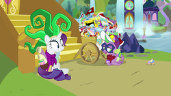 Size: 1920x1080 | Tagged: safe, screencap, mane-iac, rarity, spike, dragon, pony, unicorn, dragon dropped, g4, clothes, cosplay, costume, humdrum costume, power ponies, winged spike, wings
