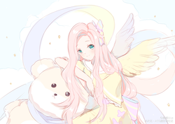 Size: 3508x2480 | Tagged: safe, artist:幽谧blue, fluttershy, human, g4, female, high res, humanized, looking at you, solo, teddy bear, winged humanization, wings