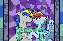 Size: 1969x1292 | Tagged: safe, artist:raindrop halo, rainbow dash, oc, oc:dopami korpela, pegasus, pony, g4, canon x oc, clothes, commission, dopadash, female, looking at each other, male, scarf, shared clothing, shared scarf, shipping, stained glass