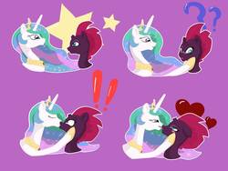 Size: 1032x774 | Tagged: safe, artist:chedx, princess celestia, tempest shadow, alicorn, pony, unicorn, g4, duo, female, kiss on the lips, kissing, lesbian, licking, looking pleasured, mare, shipping, surprise kiss, tempestia, tongue out