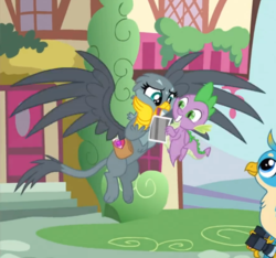 Size: 628x587 | Tagged: safe, screencap, gabby, gallus, spike, dragon, griffon, dragon dropped, g4, cropped, cute, duo focus, female, flying, gabbybetes, male, picture, smiling, winged spike, wings