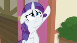 Size: 1376x776 | Tagged: safe, screencap, rarity, pony, unicorn, dragon dropped, g4, cropped, door, female, floppy ears, looking up, mare, ponyville, raised hoof, sad, solo