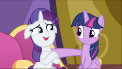 Size: 1374x776 | Tagged: safe, screencap, rarity, twilight sparkle, alicorn, pony, unicorn, dragon dropped, g4, cropped, crossed hooves, cute, duo, faic, female, floppy ears, looking at each other, mare, open mouth, raribetes, sitting, smiling, twiabetes, twilight sparkle (alicorn)