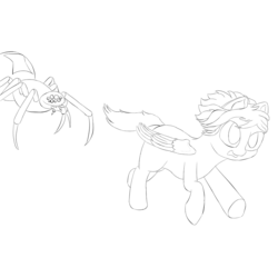 Size: 1000x1000 | Tagged: safe, artist:shoophoerse, oc, oc only, oc:shoop, giant spider, pegasus, pony, spider, atg 2019, lineart, newbie artist training grounds, running, solo