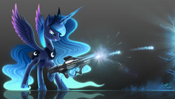 Size: 3000x1688 | Tagged: safe, artist:duskie-06, princess luna, alicorn, pony, g4, bruised, crossover, energy weapon, female, gun, halo (series), mare, serious, serious face, solo, video game crossover, weapon