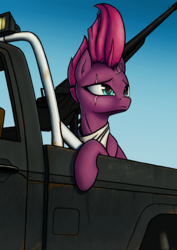 Size: 2894x4093 | Tagged: safe, artist:koshakevich, tempest shadow, pony, unicorn, g4, broken horn, bust, car, female, gun, high res, horn, looking away, machine gun, mare, pickup truck, scar, solo, technical, three quarter view, truck, turned head, vehicle, weapon