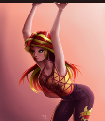 Size: 868x1000 | Tagged: safe, artist:the-park, sunset shimmer, human, equestria girls, equestria girls series, g4, sunset's backstage pass!, spoiler:eqg series (season 2), armpits, female, human coloration, humanized, simple background, sleeveless, solo