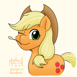 Size: 1000x1000 | Tagged: safe, artist:phallen1, applejack, earth pony, pony, g4, atg 2019, bust, female, newbie artist training grounds, one eye closed, portrait, solo, straw in mouth, style emulation, wink