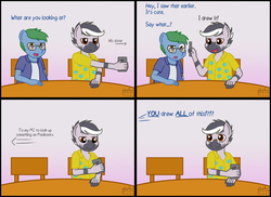Size: 1528x1114 | Tagged: safe, artist:phallen1, oc, oc only, oc:fetchbeer, oc:software patch, zebra, anthro, atg 2019, based on a true story, cellphone, comic, glasses, newbie artist training grounds, phone, sitting, smartphone, table, zebra oc