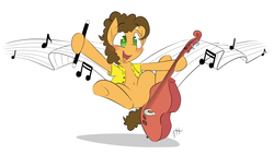 Size: 3000x1700 | Tagged: safe, artist:fakskis, cheese sandwich, earth pony, pony, g4, belly button, bow (instrument), cello, cello bow, clothes, commission, male, music notes, musical instrument, riding, simple background, solo, vest, white background