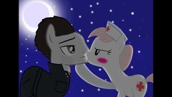 Size: 640x360 | Tagged: safe, artist:mylittleponymix13, nurse redheart, earth pony, pony, g4, blushing, clothes, crossover, crossover shipping, cute, duo, female, halloween (movie), heartabetes, jumpsuit, kissing, male, mare, mask, michael myers, moon, moonlight, night, shipping, stallion, stars, wat, youtube link