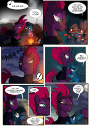 Size: 2480x3508 | Tagged: safe, artist:dsana, fizzlepop berrytwist, tempest shadow, oc, oc:lullaby dusk, pegasus, pony, unicorn, comic:a storm's lullaby, g4, campfire, comic, heterochromia, high res