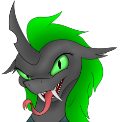 Size: 3992x4068 | Tagged: safe, artist:atomfliege, oc, oc only, oc:roodaka, changeling, bust, changeling oc, female, green changeling, green eyes, looking at you, simple background, solo, teeth, tongue out