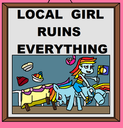 Size: 638x663 | Tagged: safe, artist:logan jones, rainbow dash, human, pegasus, pony, equestria girls, equestria girls series, g4, spring breakdown, spoiler:eqg series (season 2), bundt cake (food), clothes, duality, equestria, flag, flag of equestria, food, hat, human ponidox, local mare ruins everything, male, pie, rainbow pie, self ponidox, table, table flip, the simpsons, triple choco-berry blasted butter biscuit bundt cake