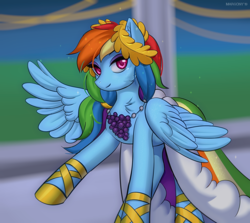 Size: 1200x1068 | Tagged: safe, artist:margony, rainbow dash, pegasus, pony, g4, the best night ever, clothes, dress, eyeshadow, female, gala dress, hoof shoes, looking at you, makeup, rainbow dash always dresses in style, smiling, solo