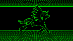Size: 1920x1080 | Tagged: safe, artist:vasillium, oc, oc only, oc:nyx, alicorn, pony, alicorn oc, black and green, computer, computer generated, computer screen, cutie mark, female, flying, horn, mare, older, open mouth, running, simulation, solo, spread wings, tail, wallpaper, wings