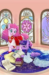 Size: 768x1161 | Tagged: safe, artist:puri__kyua, pinkie pie, twilight sparkle, alicorn, earth pony, pony, g4, book, clothes, dress, female, mare, pillow, scroll, stained glass, twilight sparkle (alicorn)